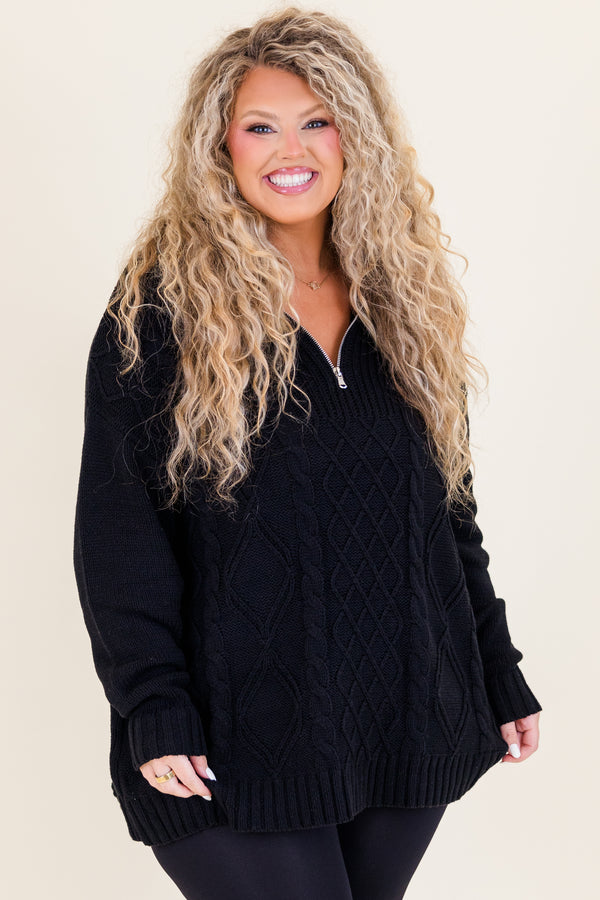 Chic Soul plus size clothing, black long sleeve cable knit zip up sweater with silver zipper and cuff sleeves