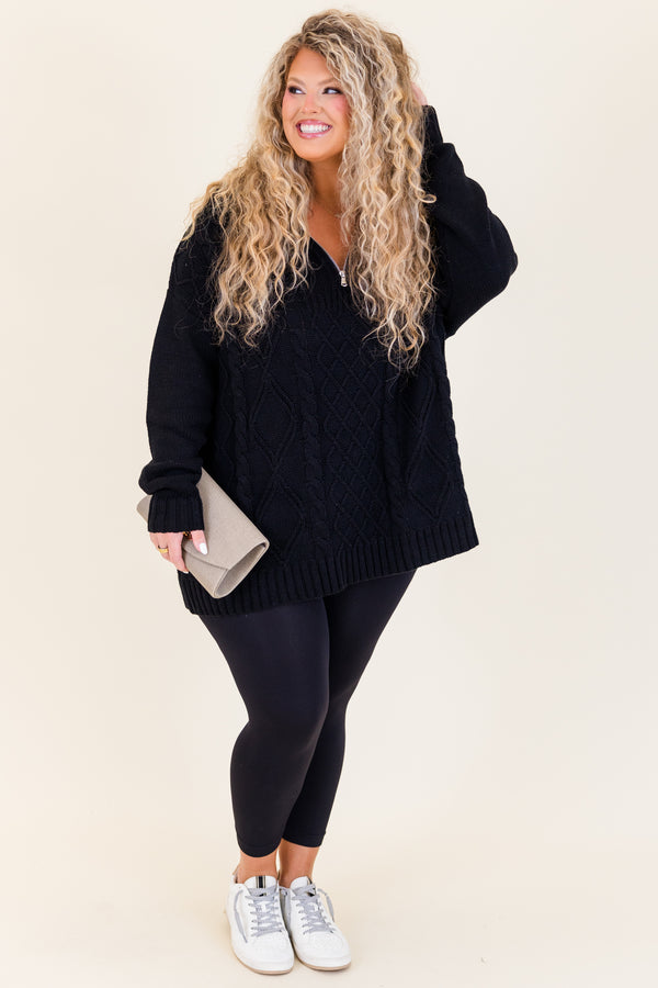Chic Soul plus size clothing, black long sleeve cable knit zip up sweater with silver zipper and cuff sleeves