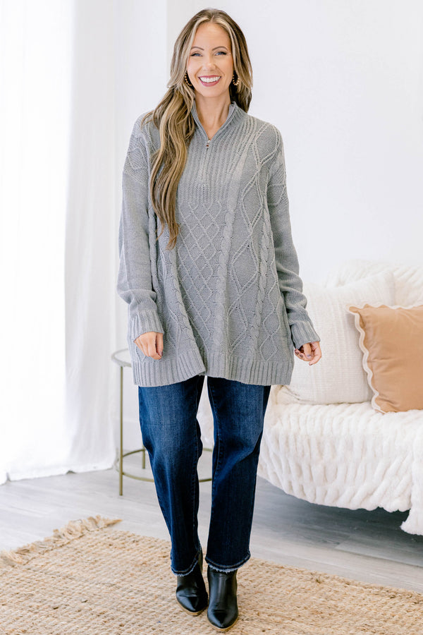 Chic Soul plus size clothing, cable knit grey chunky pullover sweater with silver zip up detail with collar and cuff sleeves