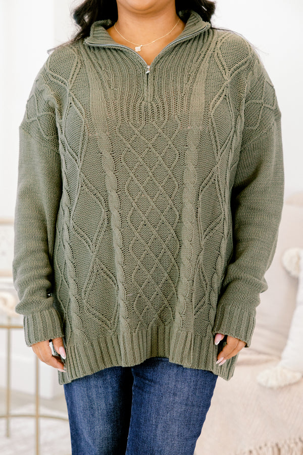 Chic Soul plus size clothing, olive green long sleeve quarter zip sweater with collar and cableknit textured pattern