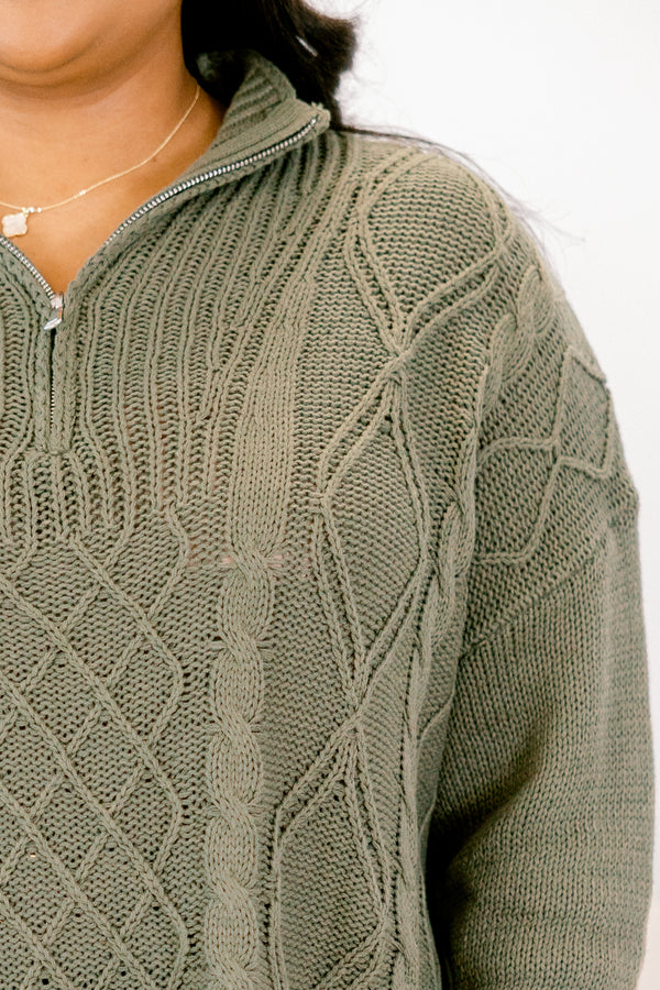 Chic Soul plus size clothing, olive green long sleeve quarter zip sweater with collar and cableknit textured pattern