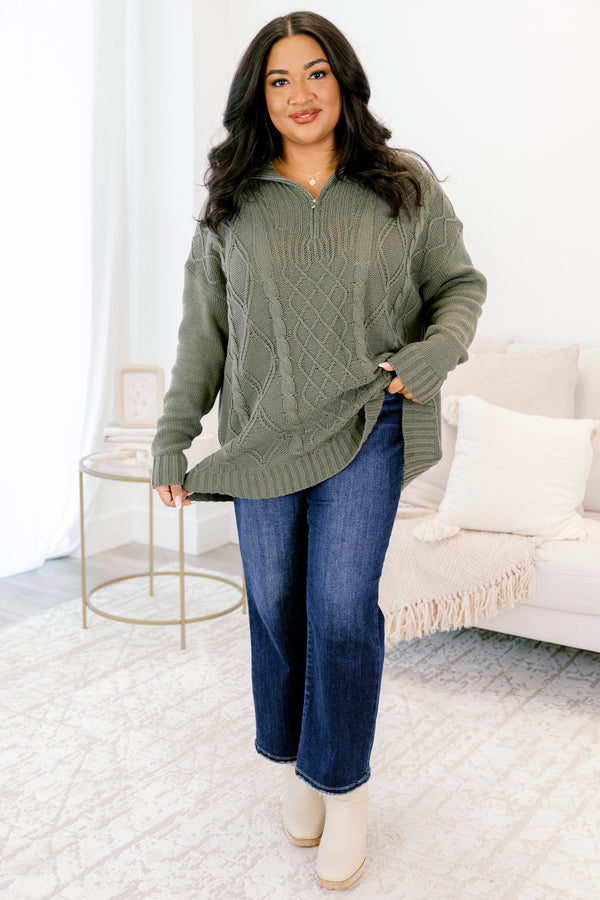 Chic Soul plus size clothing, olive green long sleeve quarter zip sweater with collar and cableknit textured pattern