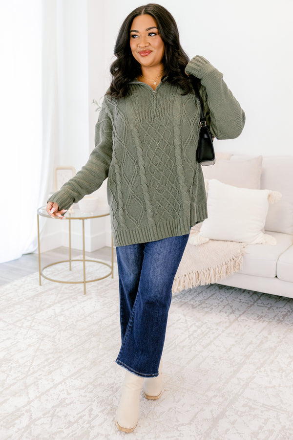 Chic Soul plus size clothing, olive green long sleeve quarter zip sweater with collar and cableknit textured pattern
