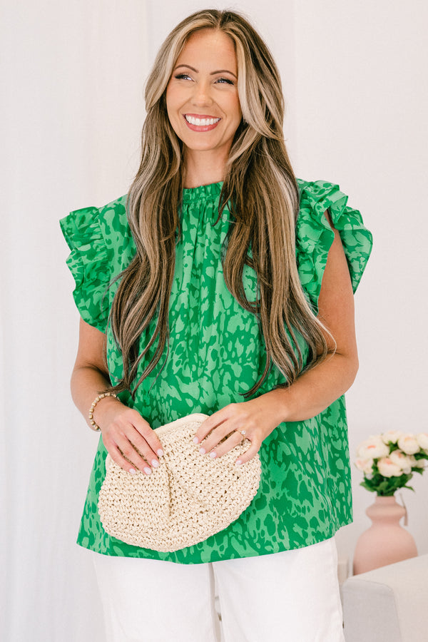 Chic Soul plus size clothing, green abstract print flutter short sleeve top