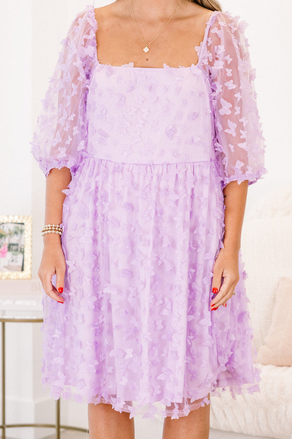 Chic Soul plus size clothing, quarter-bubble-tulle-sleeve lavender purple baby doll dress with a purple floral textured pattern