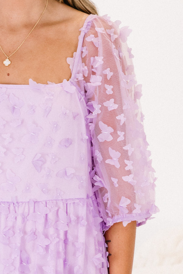 Chic Soul plus size clothing, quarter-bubble-tulle-sleeve lavender purple baby doll dress with a purple floral textured pattern