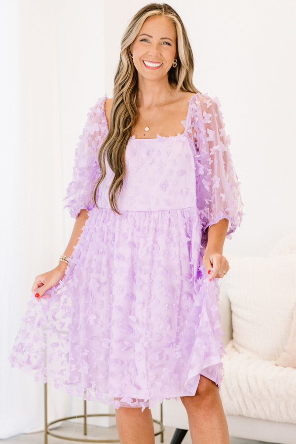 Chic Soul plus size clothing, quarter-bubble-tulle-sleeve lavender purple baby doll dress with a purple floral textured pattern