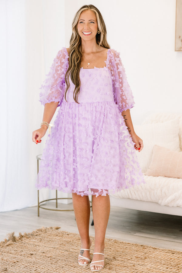 Chic Soul plus size clothing, quarter-bubble-tulle-sleeve lavender purple baby doll dress with a purple floral textured pattern
