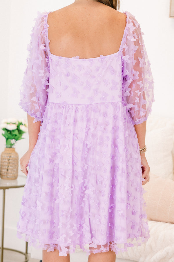 Chic Soul plus size clothing, quarter-bubble-tulle-sleeve lavender purple baby doll dress with a purple floral textured pattern