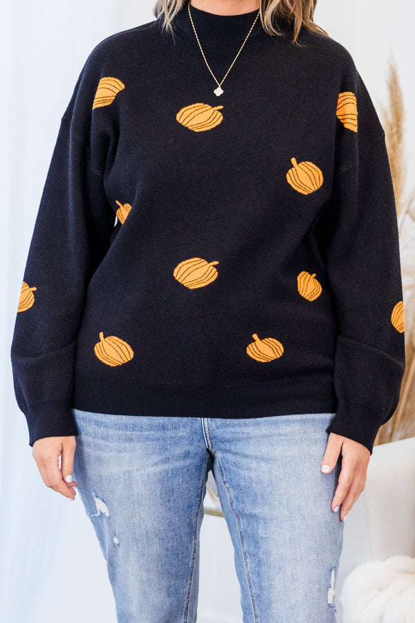 Chic Soul plus size clothing, black long sleeve knit sweater with mock neckline and orange pumpkin details