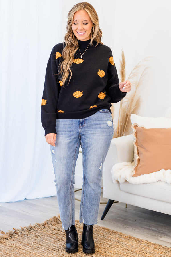 Chic Soul plus size clothing, black long sleeve knit sweater with mock neckline and orange pumpkin details