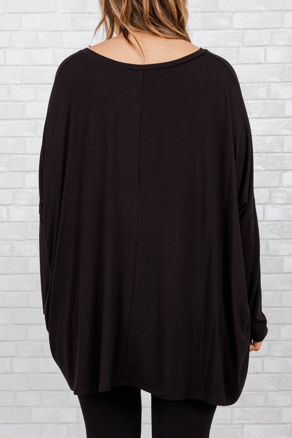 Chic Soul plus size clothing, black buttery soft long sleeve top with an oversized pocket on right side of chest