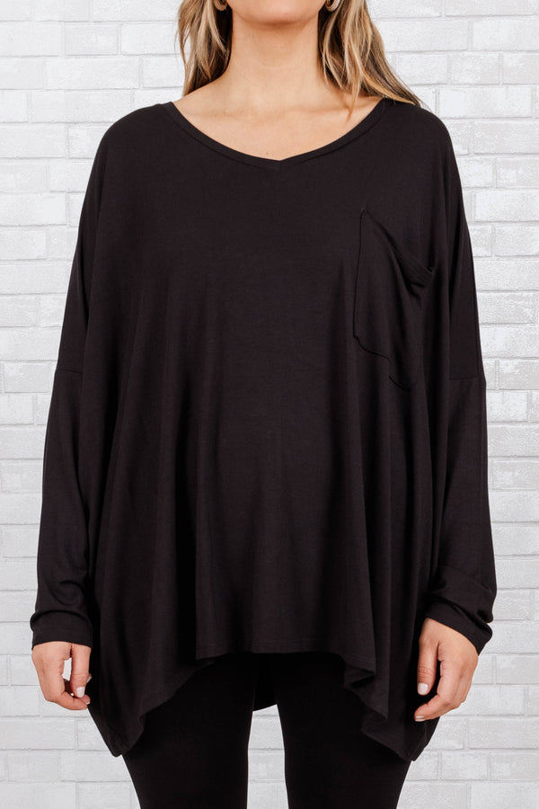 Chic Soul plus size clothing, black buttery soft long sleeve top with an oversized pocket on right side of chest