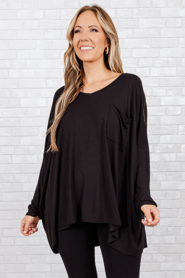 Chic Soul plus size clothing, black buttery soft long sleeve top with an oversized pocket on right side of chest