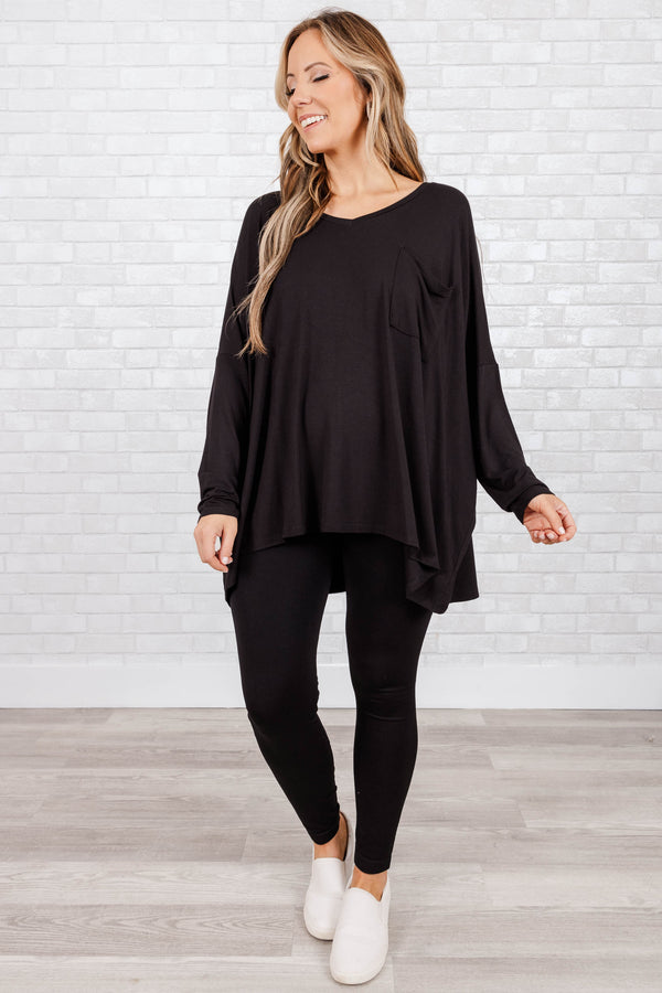Chic Soul plus size clothing, black buttery soft long sleeve top with an oversized pocket on right side of chest