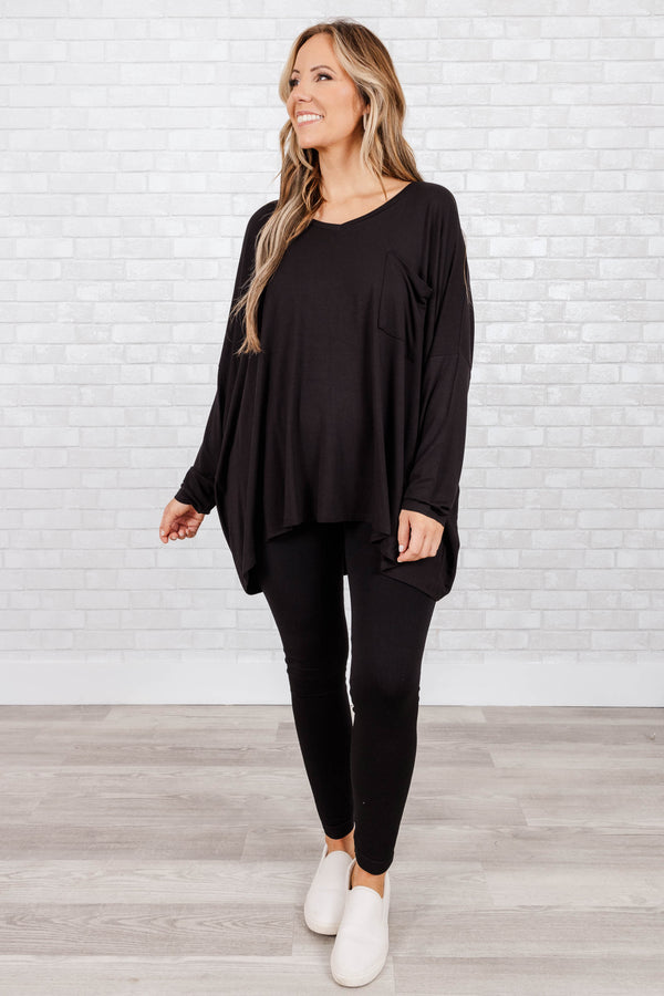 Chic Soul plus size clothing, black buttery soft long sleeve top with an oversized pocket on right side of chest