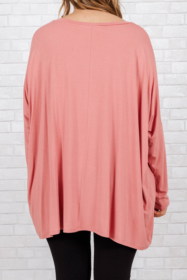 Chic Soul plus size clothing, rose colored buttery soft long sleeve top with an oversized pocket on the right side of the chest