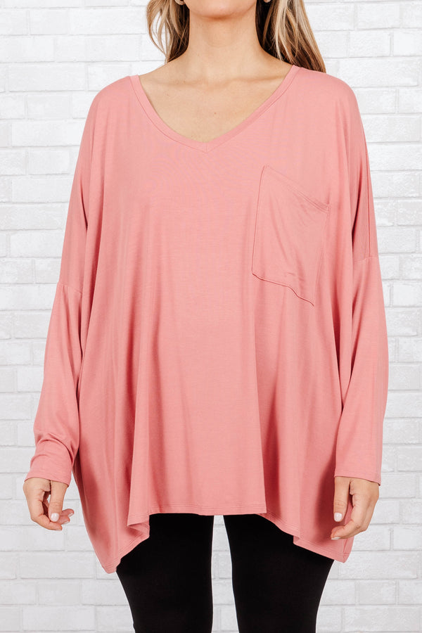 Chic Soul plus size clothing, rose colored buttery soft long sleeve top with an oversized pocket on the right side of the chest
