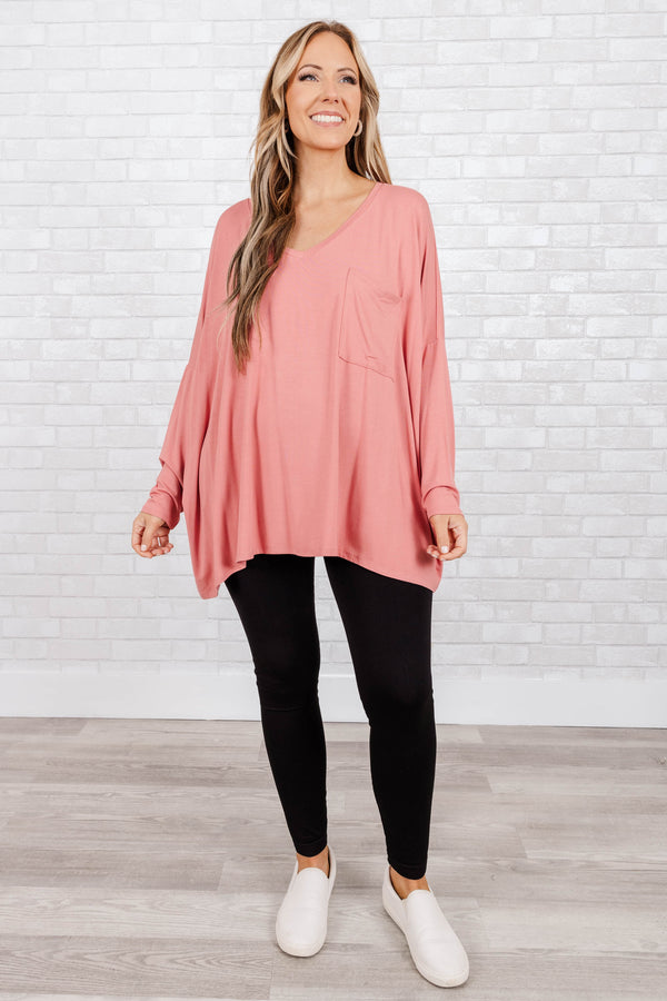 Chic Soul plus size clothing, rose colored buttery soft long sleeve top with an oversized pocket on the right side of the chest
