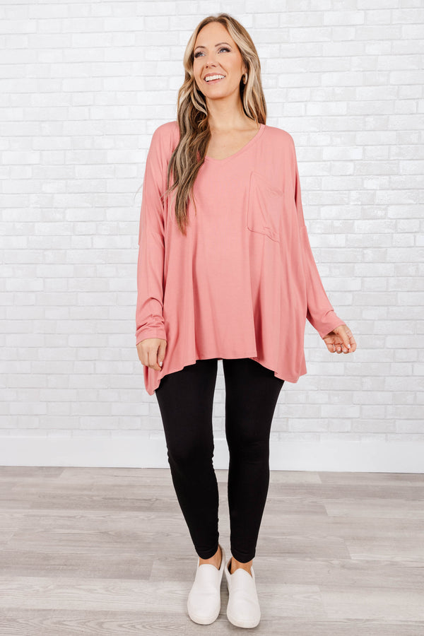 Chic Soul plus size clothing, rose colored buttery soft long sleeve top with an oversized pocket on the right side of the chest