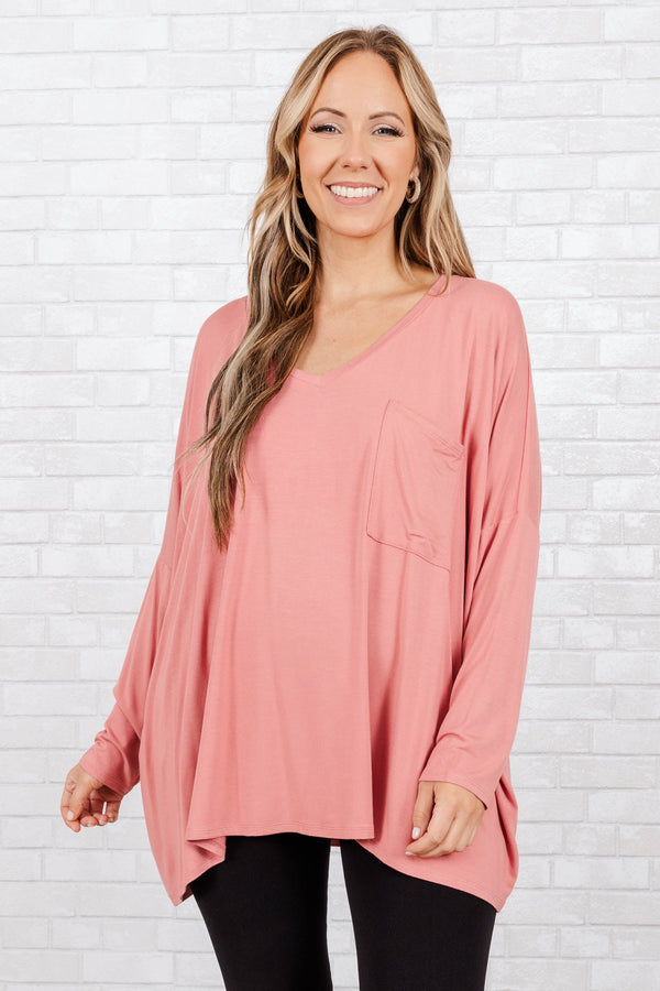 Chic Soul plus size clothing, rose colored buttery soft long sleeve top with an oversized pocket on the right side of the chest