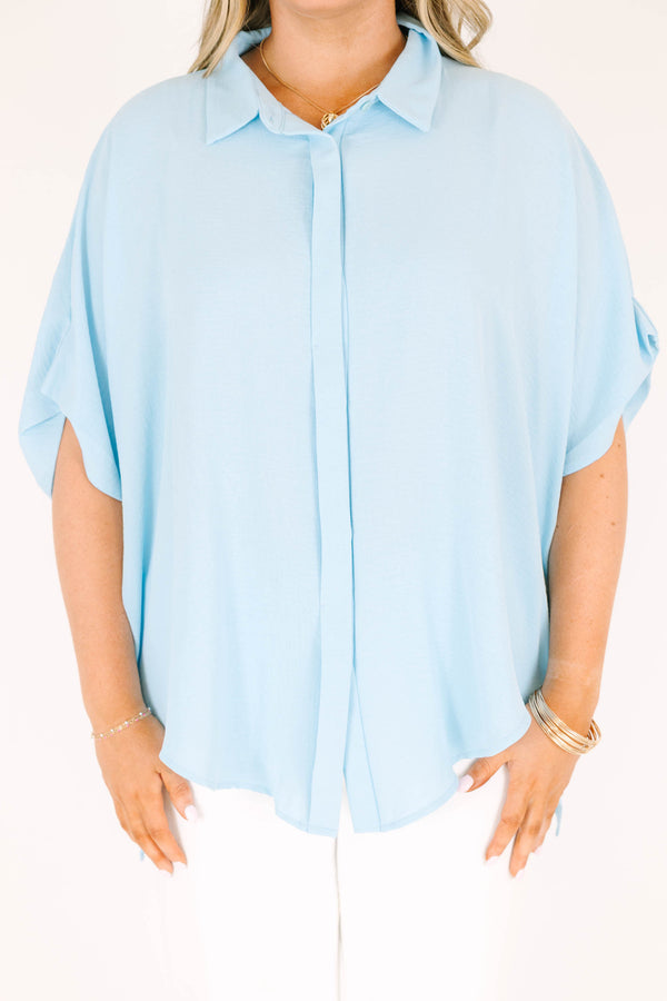 Chic soul plus size clothing, Blue casual button-up top with a half sleeves and a V-neck collar