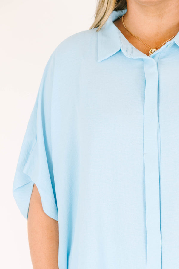 Chic soul plus size clothing, Blue casual button-up top with a half sleeves and a V-neck collar