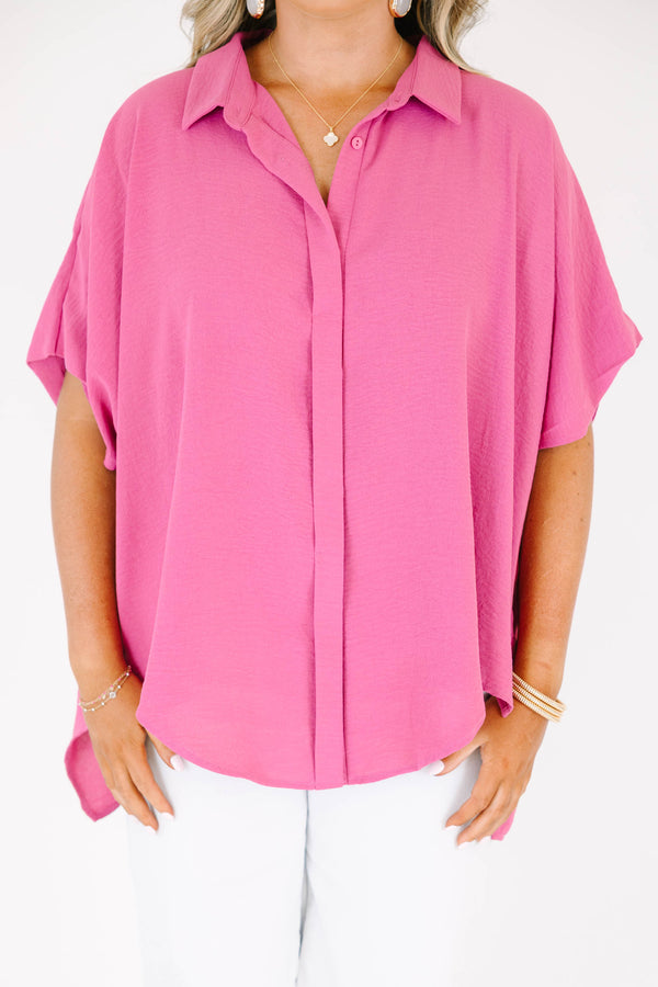 Plus size flowy pink button-down top with short dolman sleeves
