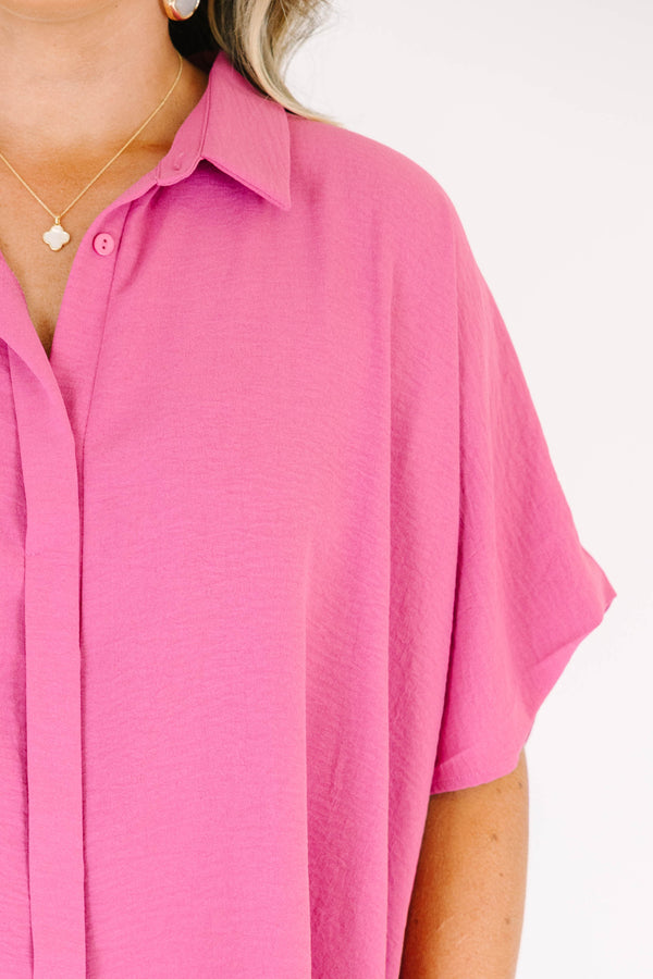 Plus size flowy pink button-down top with short dolman sleeves