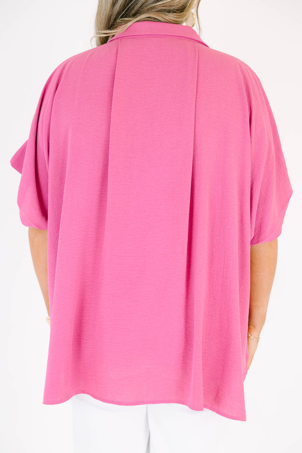 Plus size flowy pink button-down top with short dolman sleeves