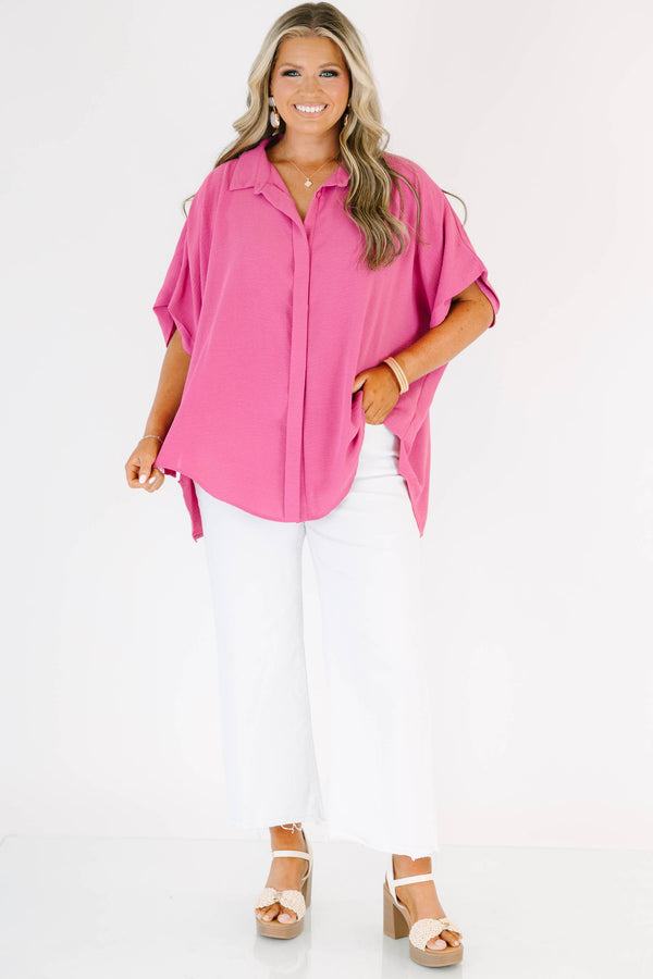 Plus size flowy pink button-down top with short dolman sleeves