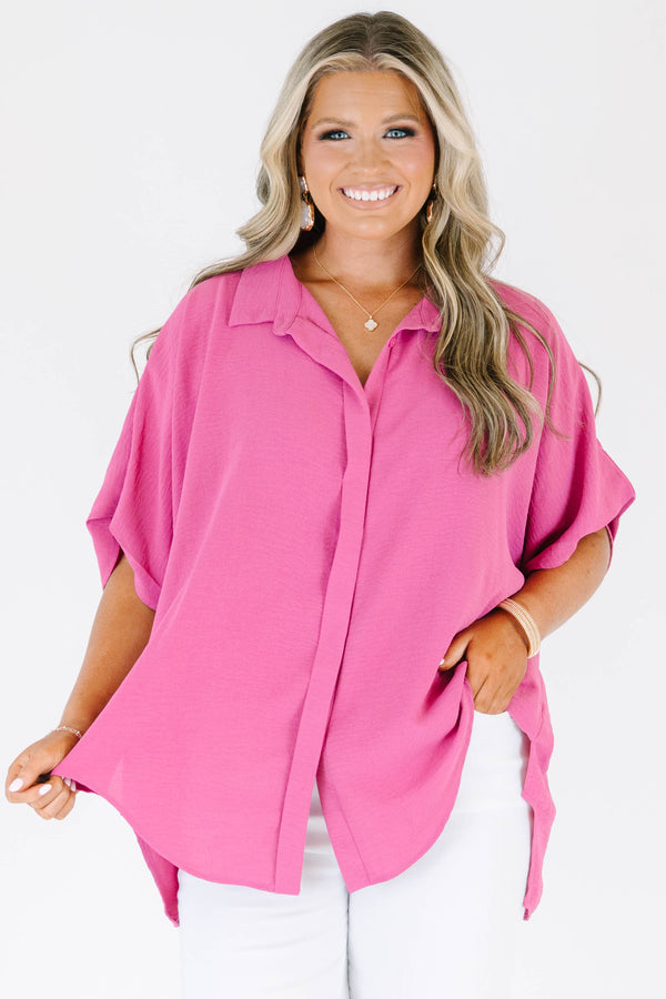 Plus size flowy pink button-down top with short dolman sleeves