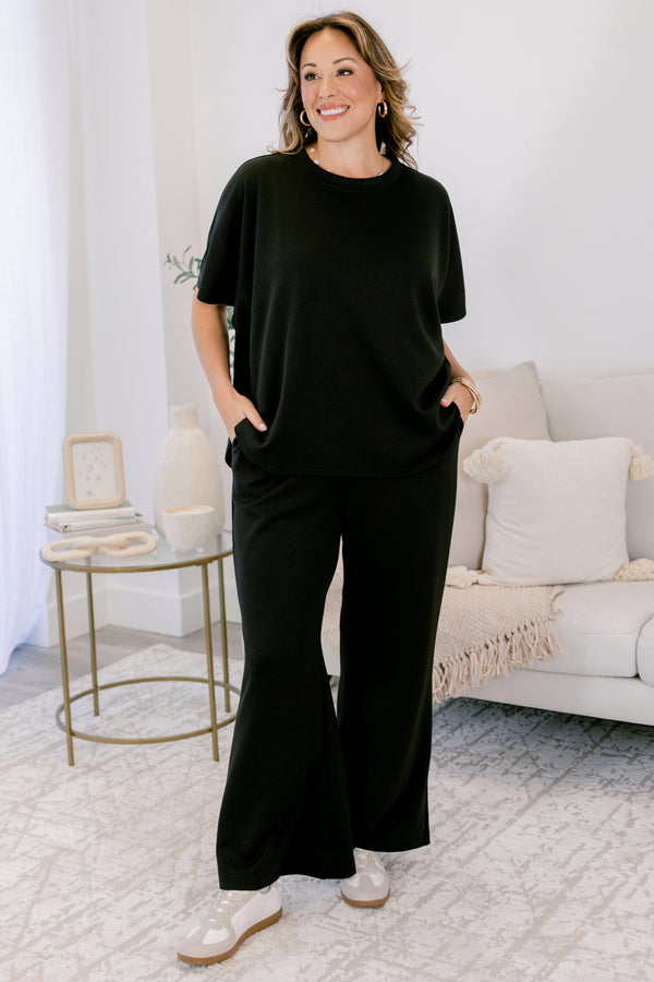 Chic Soul plus size clothing, black wide leg pants and short sleeve top matching set 
