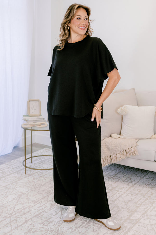 Chic Soul plus size clothing, black wide leg pants and short sleeve top matching set 