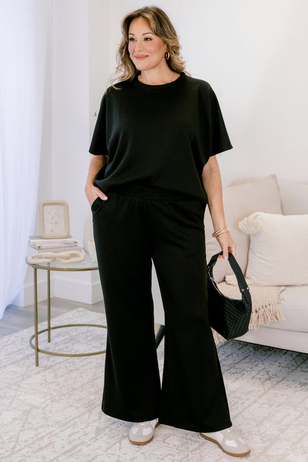 Chic Soul plus size clothing, black wide leg pants and short sleeve top matching set 