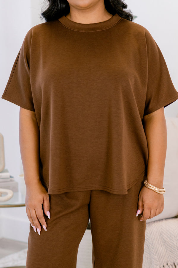Chic Soul plus size clothing, dark brown wide leg pants and short sleeve top matching set 