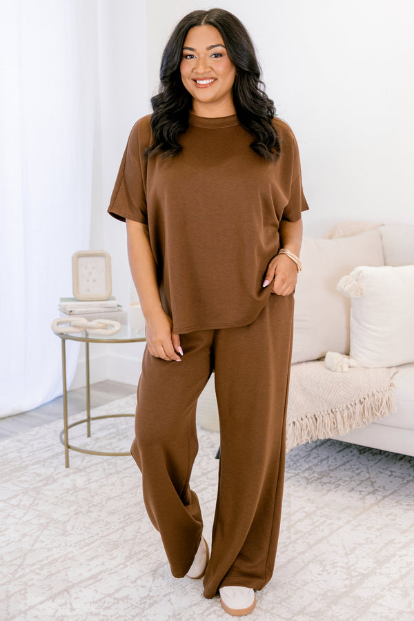 Chic Soul plus size clothing, dark brown wide leg pants and short sleeve top matching set 