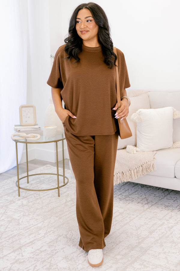 Chic Soul plus size clothing, dark brown wide leg pants and short sleeve top matching set 