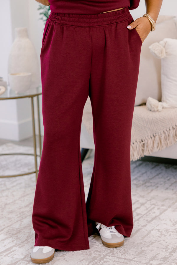 Chic Soul plus size clothing, burgundy red short sleeve top and burgundy red flowy stretchy waistband pants as a matching set