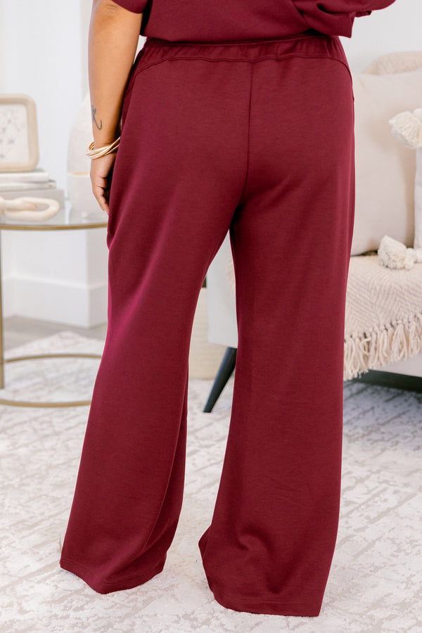 Chic Soul plus size clothing, burgundy red short sleeve top and burgundy red flowy stretchy waistband pants as a matching set