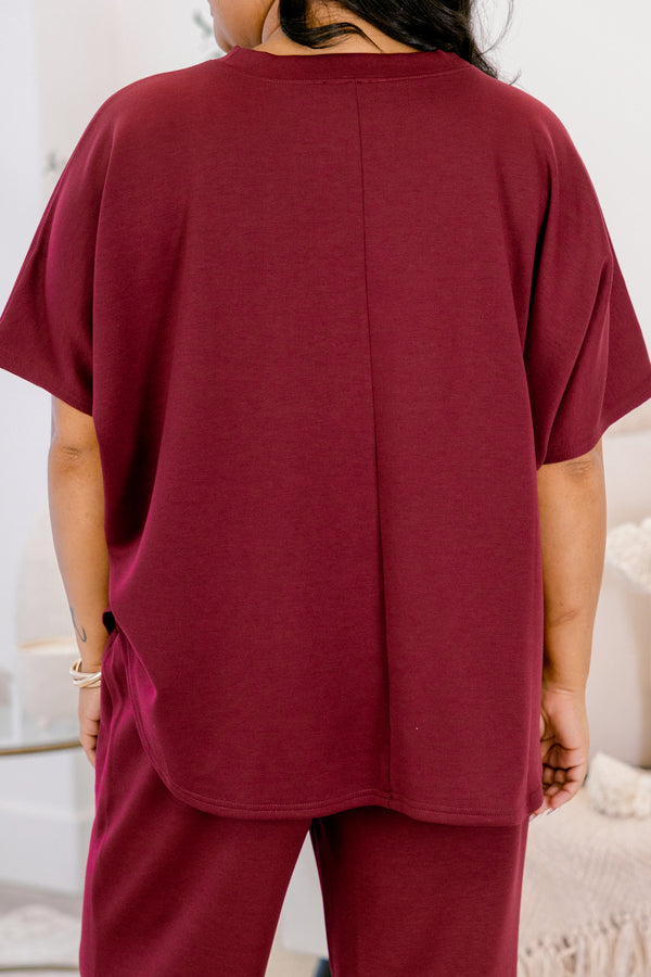 Chic Soul plus size clothing, burgundy red short sleeve top and burgundy red flowy stretchy waistband pants as a matching set