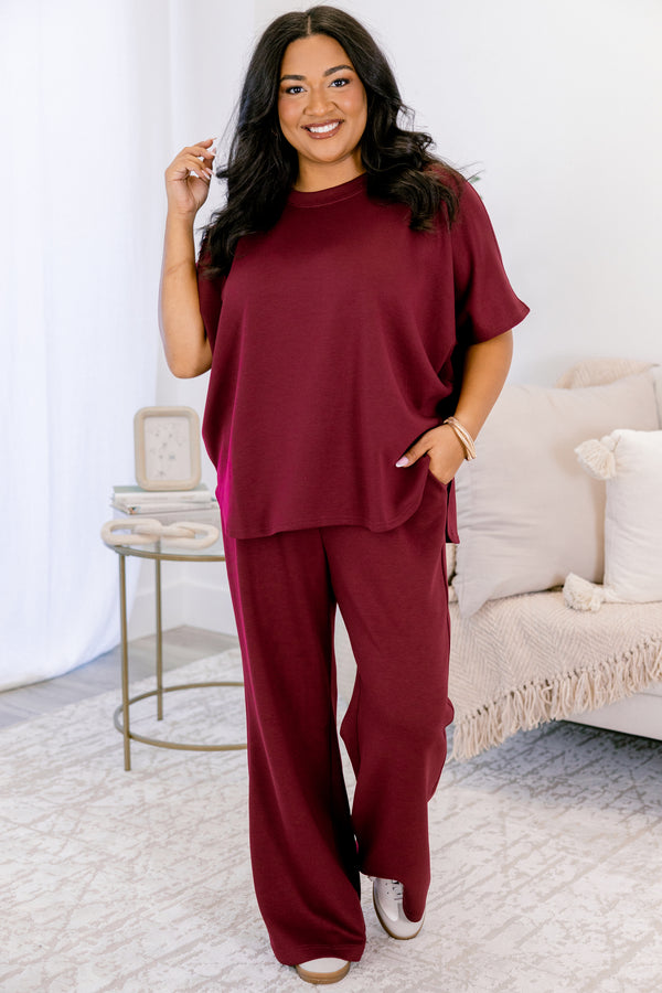 Chic Soul plus size clothing, burgundy red short sleeve top and burgundy red flowy stretchy waistband pants as a matching set