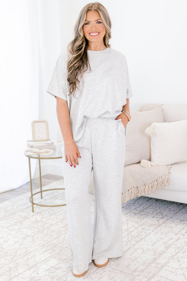 Chic Soul plus size clothing, heather gray short sleeve top and wide leg stretchy waist band matching set