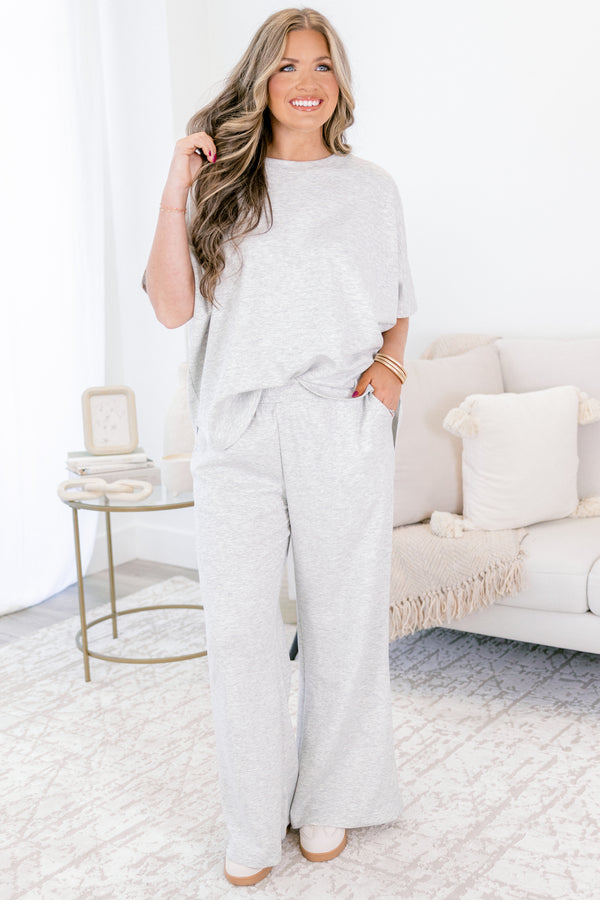 Chic Soul plus size clothing, heather gray short sleeve top and wide leg stretchy waist band matching set