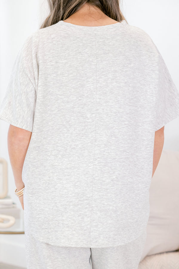 Chic Soul plus size clothing, heather gray short sleeve top and wide leg stretchy waist band matching set