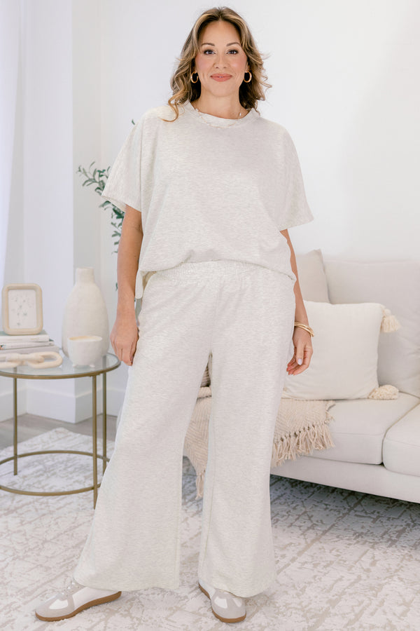 Chic Soul plus size clothing, light heather grey wide leg pants and short sleeve top matching set 