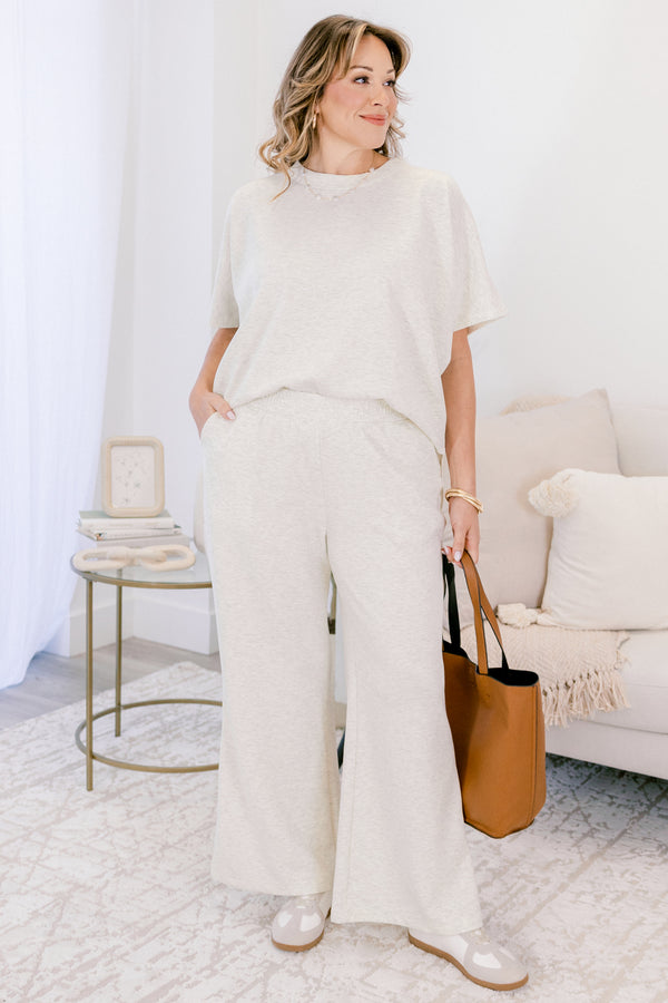 Chic Soul plus size clothing, light heather grey wide leg pants and short sleeve top matching set 