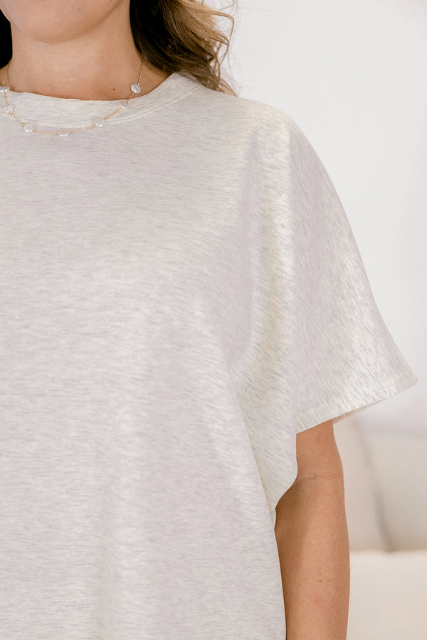 Chic Soul plus size clothing, light heather grey wide leg pants and short sleeve top matching set 