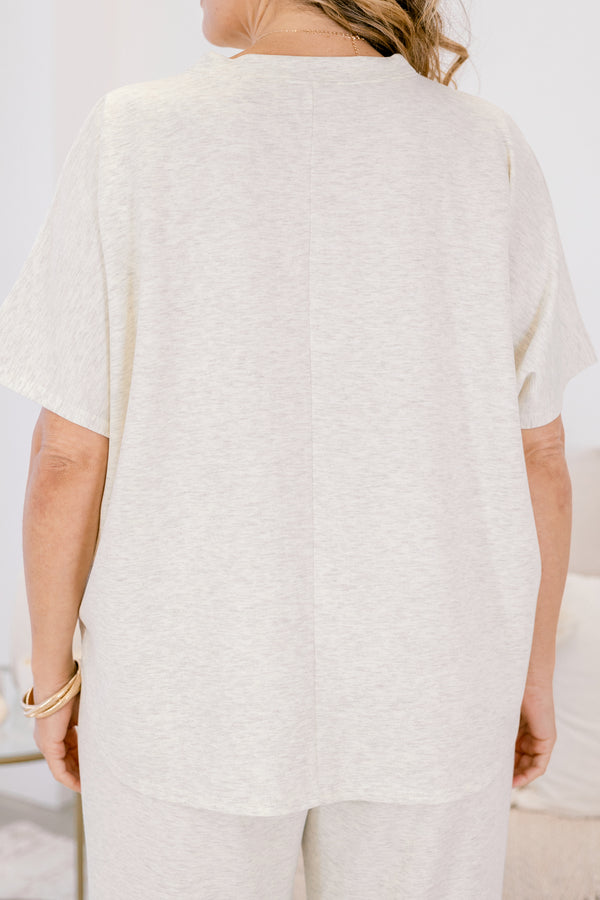 Chic Soul plus size clothing, light heather grey wide leg pants and short sleeve top matching set 