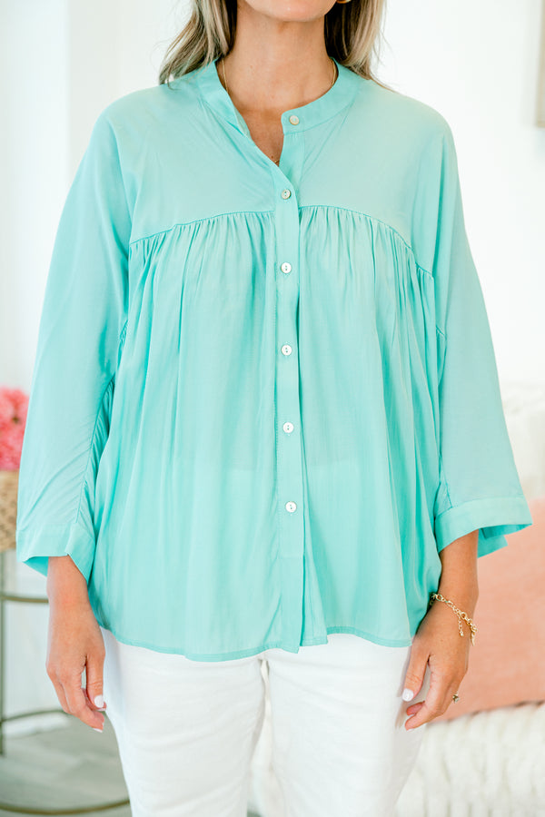 Chic Soul plus size clothing, quarter-sleeve aqua green buttoned top with high v-neckline 